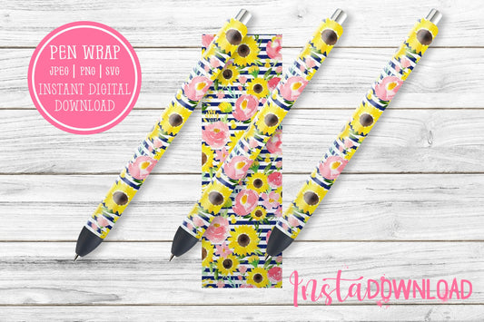 Sunflower Glitter Pen Wraps | Floral Pen Wrap Design | Waterslide Glitter Pen Design | Instant Digital Download Files | JPEG | PNG