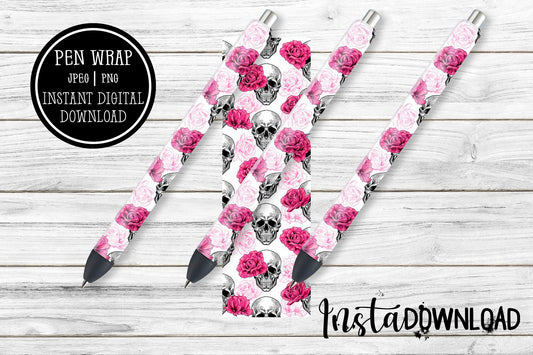 Rose Skull Glitter Pen Wraps | Floral Skull Pen Wrap Design | Waterslide Glitter Pen Design | Instant Digital Download Files | JPEG | PNG