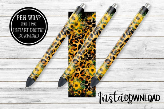 Leopard Sunflower Glitter Pen Wraps | Floral Epoxy Pen Wrap Design | Waterslide Glitter Pen Design | Instant Download Files | JPEG | PNG