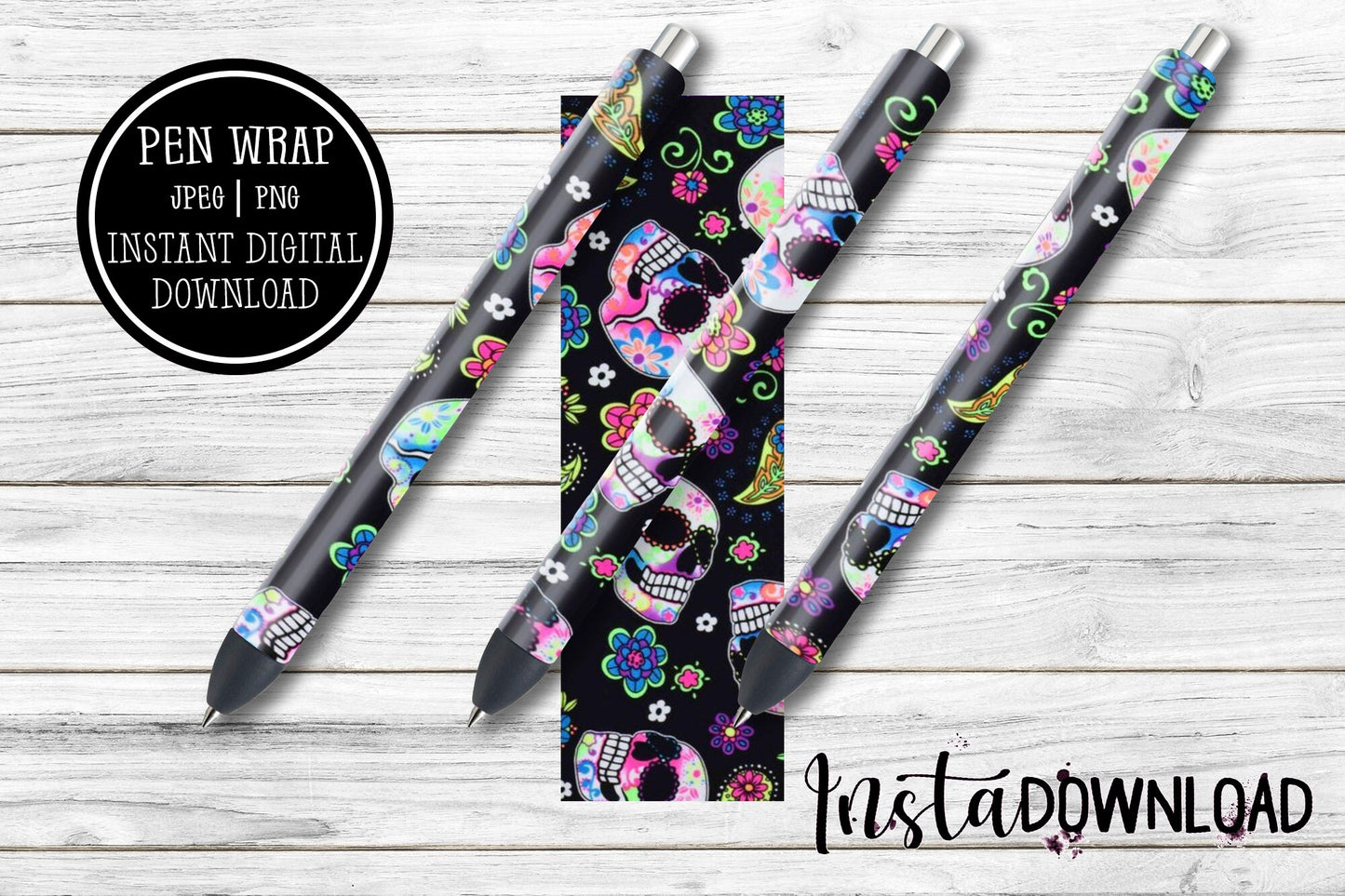 Sugar Skull Glitter Pen Wraps | Day of the Dead Epoxy Pen Wrap Design | Waterslide Glitter Pen Design | Download Files PNG JPEG SVG