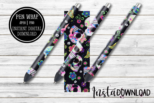 Sugar Skull Glitter Pen Wraps | Day of the Dead Epoxy Pen Wrap Design | Waterslide Glitter Pen Design | Download Files PNG JPEG SVG