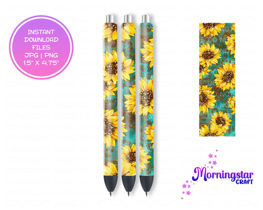 Sunflower Pen Wrap | Epoxy Pen Wrap Design | Floral Waterslide Glitter Pen Design | Instant Digital Download Files | JPEG | PNG