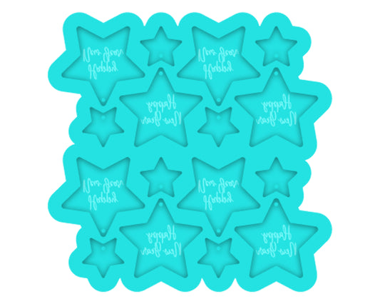 a bunch of blue stars with happy new year written on them