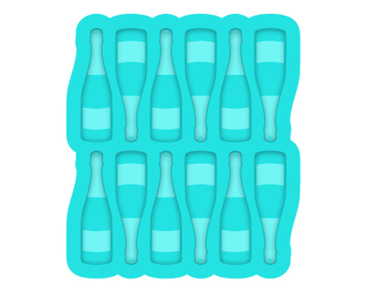 a set of six ice trays filled with blue bottles